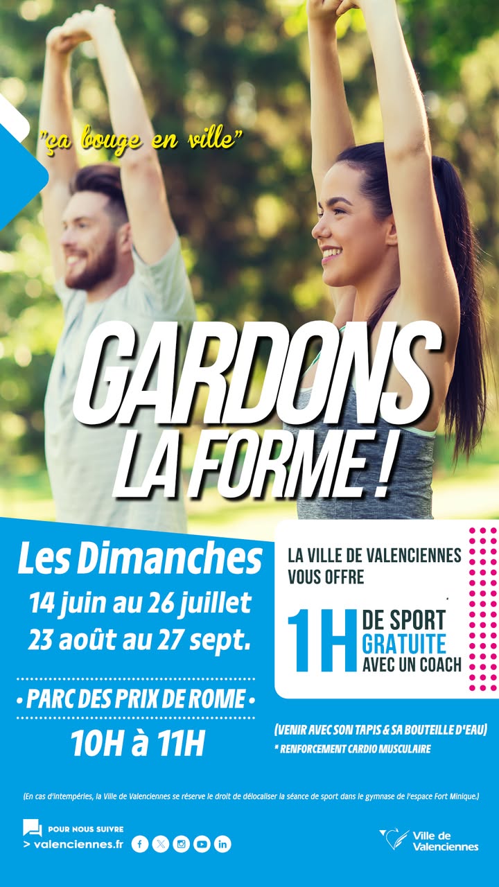 💪 𝐆𝐚𝐫𝐝𝐨𝐧𝐬 𝐥𝐚 𝐟𝐨𝐫𝐦𝐞 𝐞𝐬𝐭 𝐝𝐞 𝐫𝐞𝐭𝐨𝐮𝐫 !

𝐀𝐩𝐫𝐞̀𝐬 𝐥𝐚 𝐩𝐚𝐮𝐬𝐞 𝐞𝐬𝐭𝐢𝐯𝐚𝐥𝐞, 𝐥𝐞𝐬 𝐬𝐞́𝐚𝐧𝐜𝐞𝐬 𝐝𝐞 𝐬𝐩𝐨𝐫𝐭 𝐠𝐫𝐚𝐭𝐮𝐢𝐭𝐞𝐬 𝐞𝐧 𝐩𝐥𝐞𝐢𝐧 𝐚𝐢𝐫 𝐫𝐞𝐩𝐫𝐞𝐧𝐧𝐞𝐧𝐭 !

📅 𝟏𝐞𝐫 𝐫𝐞𝐧𝐝𝐞𝐳-𝐯𝐨𝐮𝐬 𝐥𝐞 𝐝𝐢𝐦𝐚𝐧𝐜𝐡𝐞 𝟐𝟑 𝐚𝐨𝐮̂𝐭 𝐚̀ 𝟏𝟎 𝐡, 𝐚𝐮 𝐩𝐚𝐫𝐜 𝐝𝐞𝐬 𝐏𝐫𝐢𝐱 𝐝𝐞 𝐑𝐨𝐦𝐞.

Retrouvez ensuite votre coach sportif chaque dimanche, jusqu&rsquo;au 27 septembre, pour une heure d&rsquo;activité physique accessible à tous.

𝐀𝐮 𝐩𝐫𝐨𝐠𝐫𝐚𝐦𝐦𝐞 :
🔥 Renforcement cardio-musculaire
🏃 Une séance adaptée à tous les niveaux.

𝐏𝐞𝐧𝐬𝐞𝐳 𝐚̀ 𝐚𝐩𝐩𝐨𝐫𝐭𝐞𝐫 :
✔️ votre tapis de sol
✔️ votre bouteille d&rsquo;eau

💙 𝑽𝒆𝒏𝒆𝒛 𝒑𝒓𝒐𝒇𝒊𝒕𝒆𝒓 𝒅&rsquo;𝒖𝒏 𝒎𝒐𝒎𝒆𝒏𝒕 𝒔𝒑𝒐𝒓𝒕𝒊𝒇 𝒆𝒏 𝒑𝒍𝒆𝒊𝒏 𝒂𝒊𝒓 !